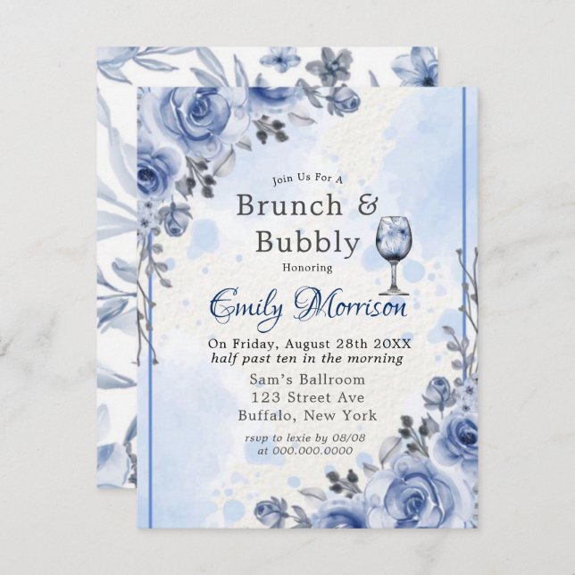 Dusty Blue Cinza Peony Brunch e Bolha Convite (Frente/Verso)