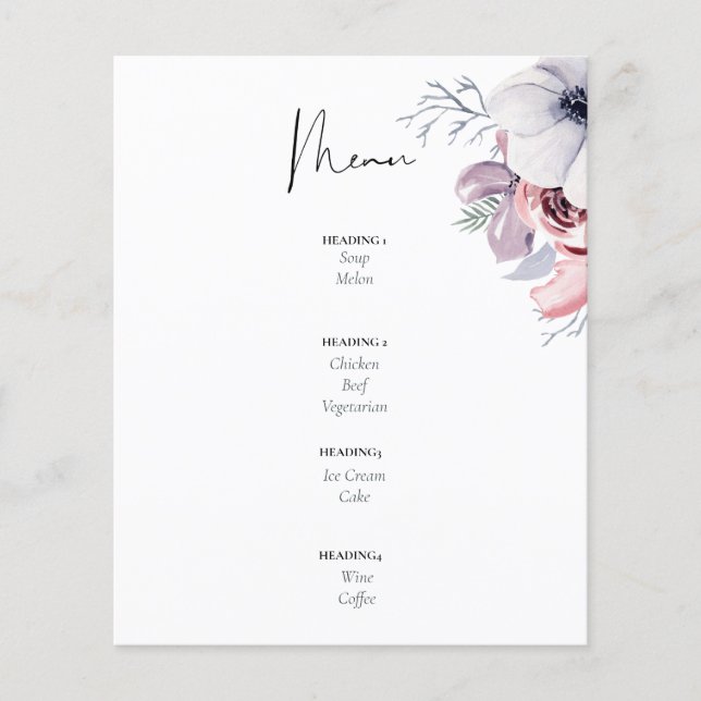 Dusty Blue Coral Floral Script Floral Menu Casamen (Frente)