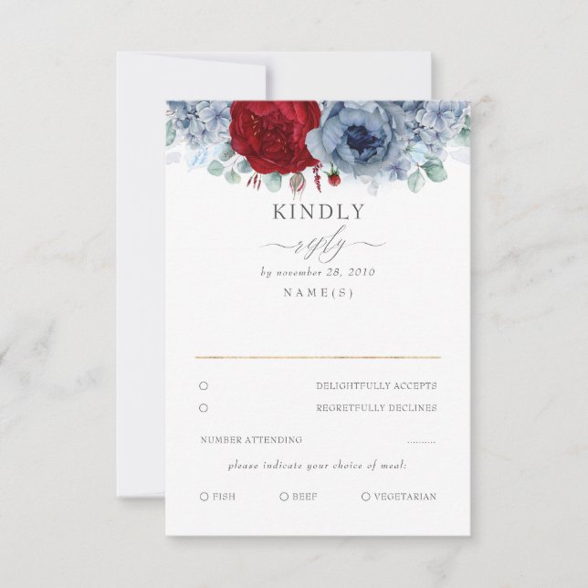Dusty Blue e Burgundy Red Floral Casamento RSVP (Frente)