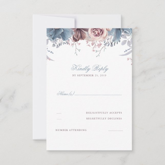 Dusty Blue e Mauve Floral Weding RSVP (Frente)