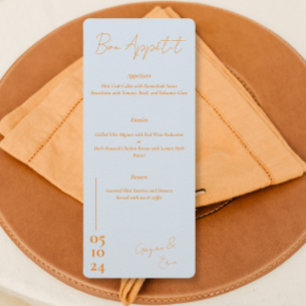 Dusty blue e orange - Menu Casamento