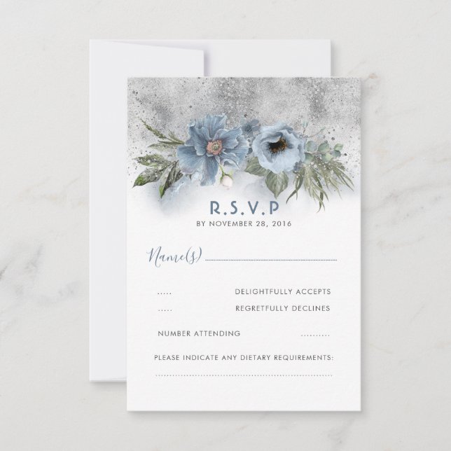 Dusty Blue e Silver Glitter Modern Wedn RSVP (Frente)
