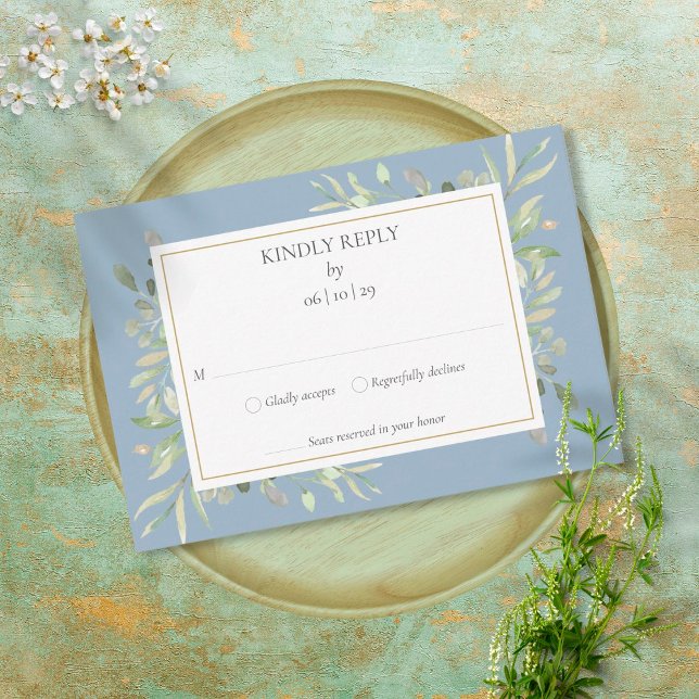 Dusty Blue Elegant Watercolor Greenery RSVP (Criador carregado)