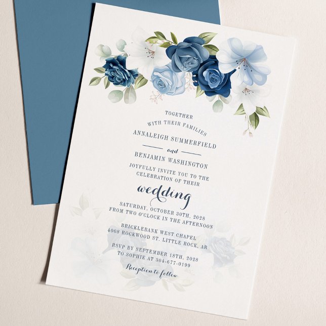Dusty Blue Floral Botanical Greenery Casamento (Dusty Blue Floral Elegant Script Wedding Invitation)