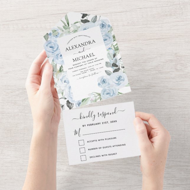 Dusty Blue Floral Greenery Casamento RSVP (Aba destacável)