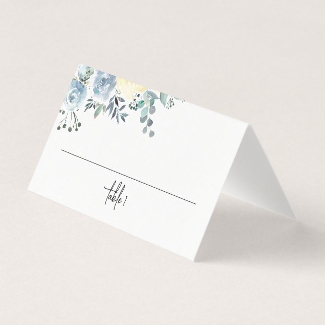 Dusty Blue Floral Greenery Place Card (Frente)