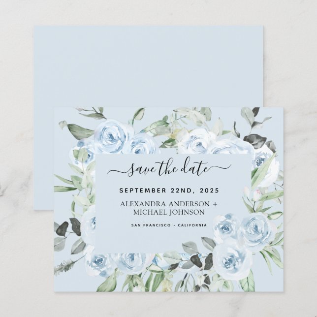 Dusty Blue Floral Greenery Salvar a Data (Frente/Verso)