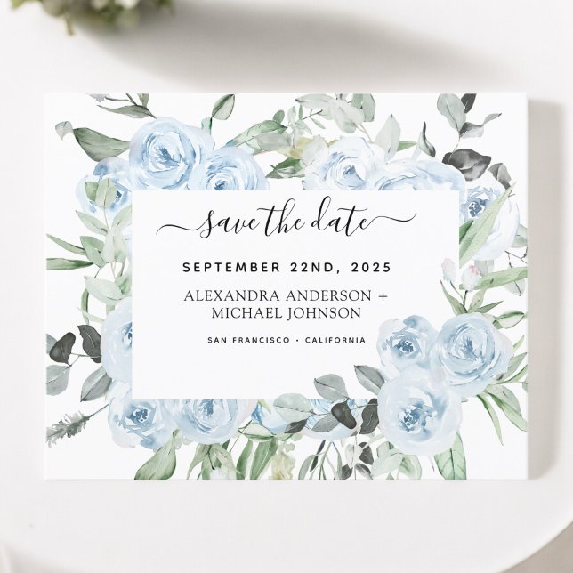 Dusty Blue Floral Greenery Salvar a Data Convite (Criador carregado)