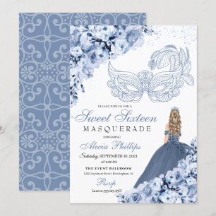 Dusty Blue Floral Mascarada Doce 16 Convite