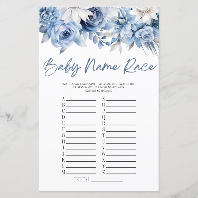 Dusty Blue Floral Name Race Chá de fraldas Game (Frente)