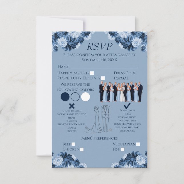 Dusty Blue Floral RSVP with Menu and Dress Code (Frente)