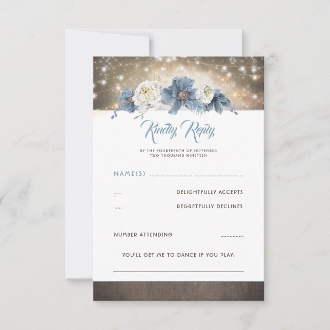 Dusty Blue Floral Rustic Weding RSVP (Frente)