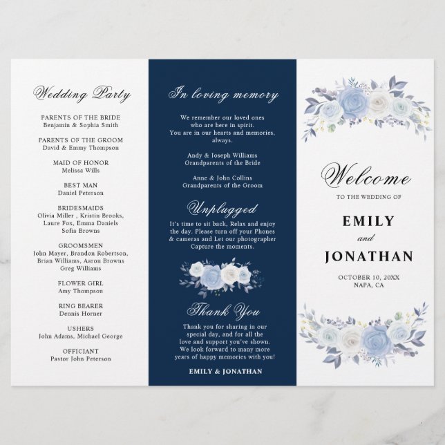 Dusty Blue Floral Triplo Programa de Casamento (Frente)