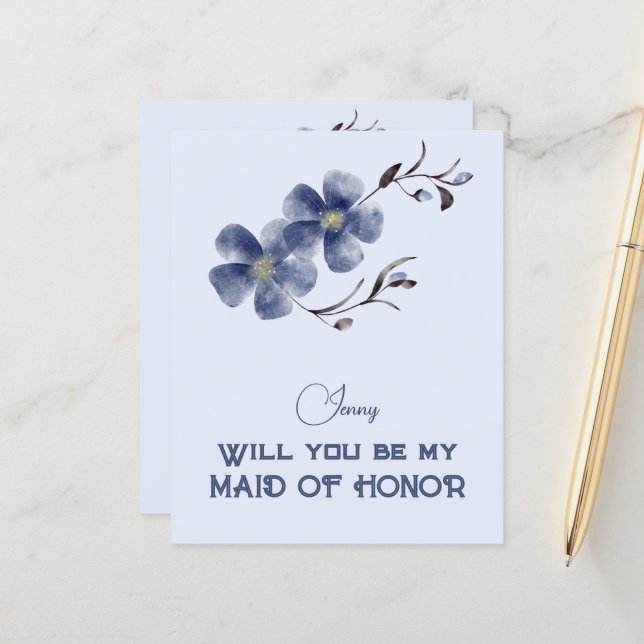 Dusty Blue Floral Você Será Minha Madrinha de casa (Frente/Verso In Situ)