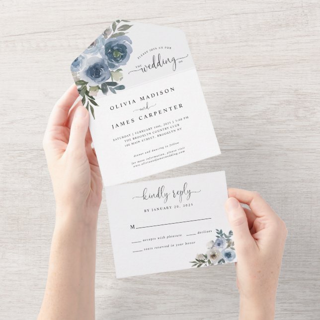 Dusty Blue Floral Watercolor Boho Rustic Casamento (Aba destacável)