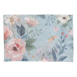 Dusty Blue Floral Watercolor Garden Pink Blooms