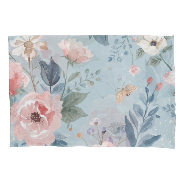 Dusty Blue Floral Watercolor Garden Pink Blooms (Frente)