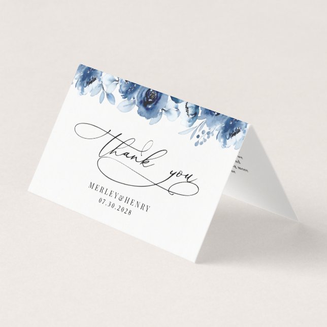 Dusty Blue Floral Wedding Folded Thank You Cards (Frente)