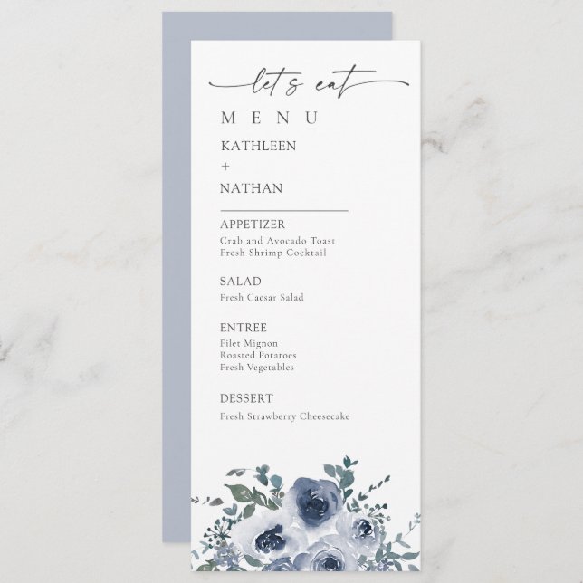 Dusty Blue Floral Wedding Menu (Frente/Verso)