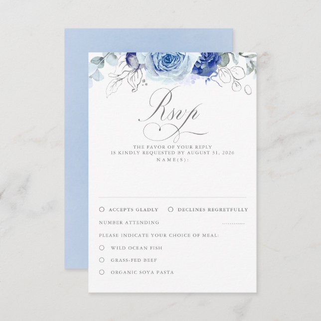 Dusty Blue Flowers Wedding RSVP (Frente/Verso)