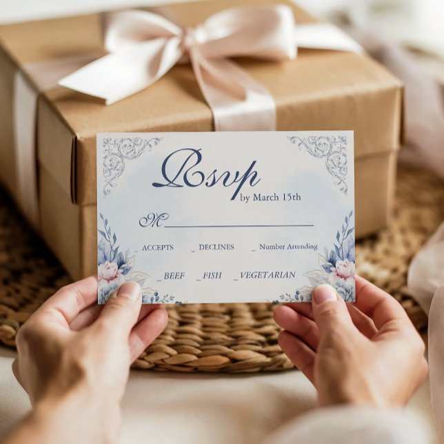 Dusty Blue French Garden Floral Wedding RSVP (Criador carregado)