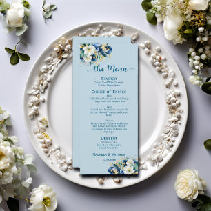 Dusty Blue Glitter Floral 4x9'' Menu de Casamento