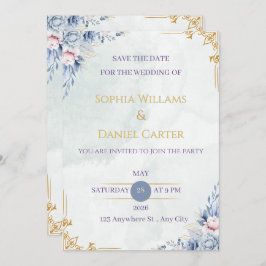 Dusty Blue Gold Floral Wedding Invitation Template
