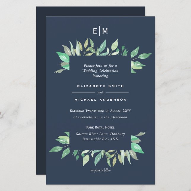 Dusty Blue Greenery Leafy Convite de casamento A9 (Frente/Verso)