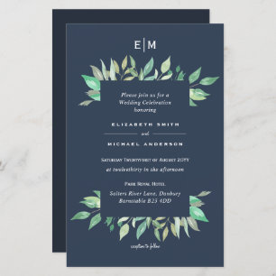 Dusty Blue Greenery Leafy Convite de casamento A9