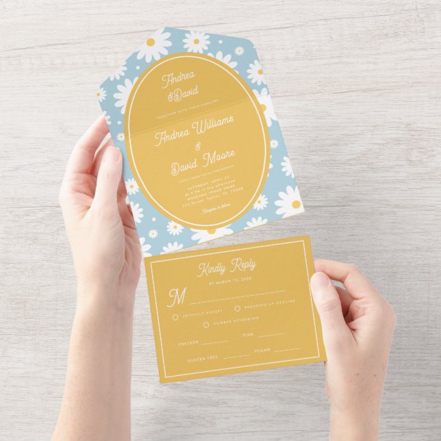 Dusty Blue Groovy Daisy 70s Bright Yellow Wedding (Tearaway)