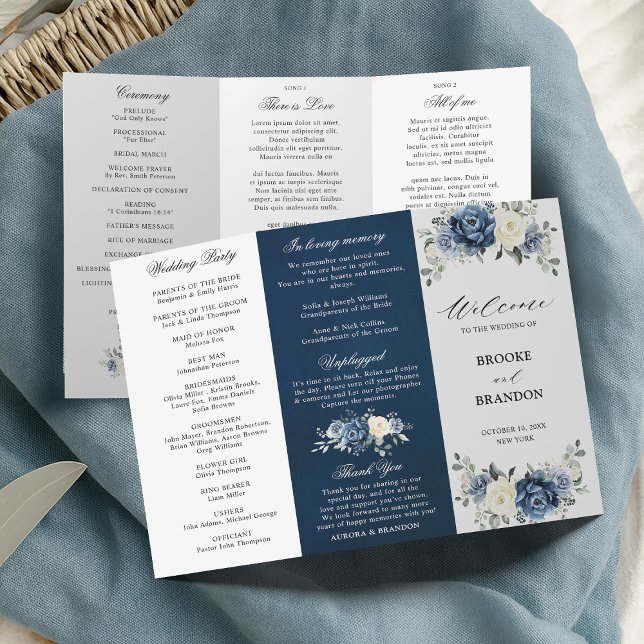 Dusty Blue Ivory Floral Triplo Programa de Casamen (Dusty Blue Ivory Floral Tri-fold Wedding Program card)