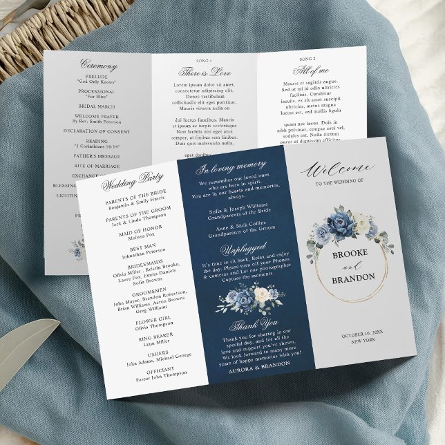 Dusty Blue Ivory Floral Triplo Programa de Casamen (Dusty Blue Ivory Floral Tri-fold Wedding Program)