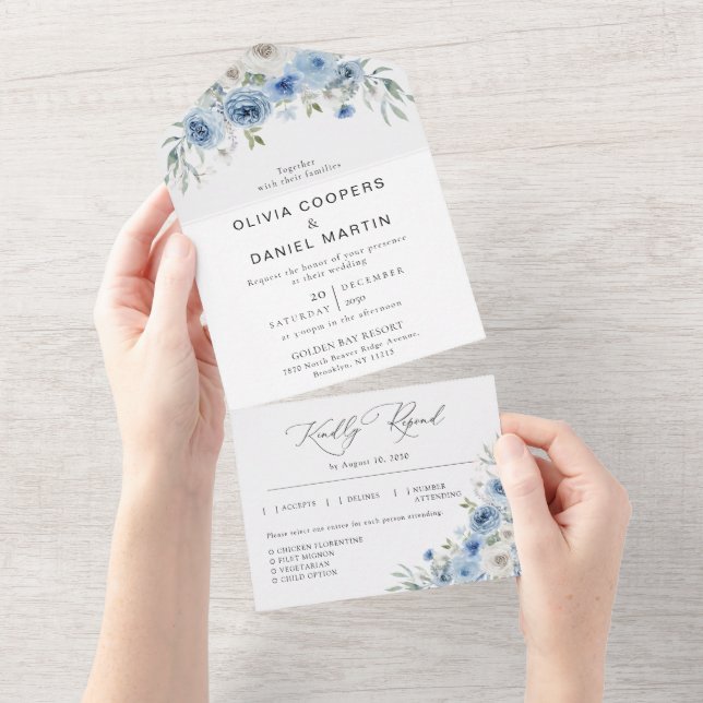 Dusty Blue Ivory Tudo em Um Convite de Casamento (Aba destacável)