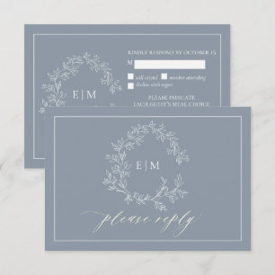 Dusty Blue Leafy Crest Monograma Cartão RSVP de C