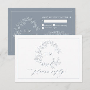 Dusty Blue Leafy Crest Monograma Cartão RSVP de C