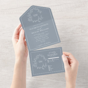Dusty Blue Leafy Crest Monograma Casamento