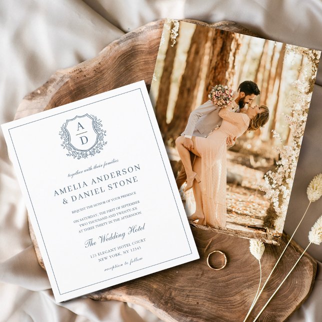 Dusty Blue Leafy Crest Monograma Casamento Elegant (Criador carregado)