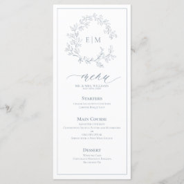 Dusty Blue Leafy Crest Monograma Menu Casamento