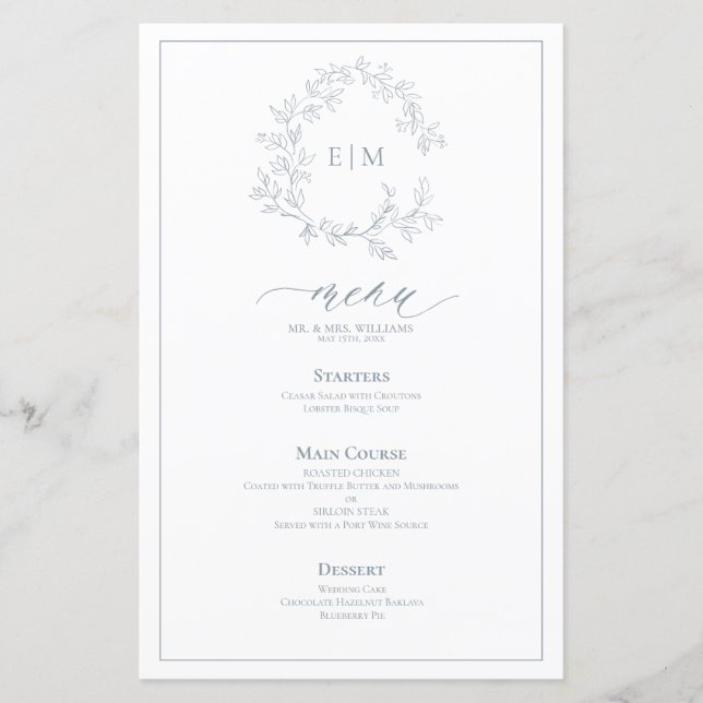 Dusty Blue Leafy Crest Monograma Menu Casamento (Frente)