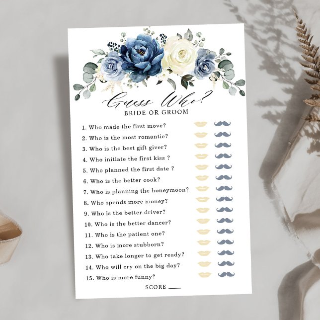 Dusty Blue Marinho Champagne Jogo do Chá de panela (Dusty Blue Navy Champagne Ivory Bridal Shower Game, Guess who bride or groom?)