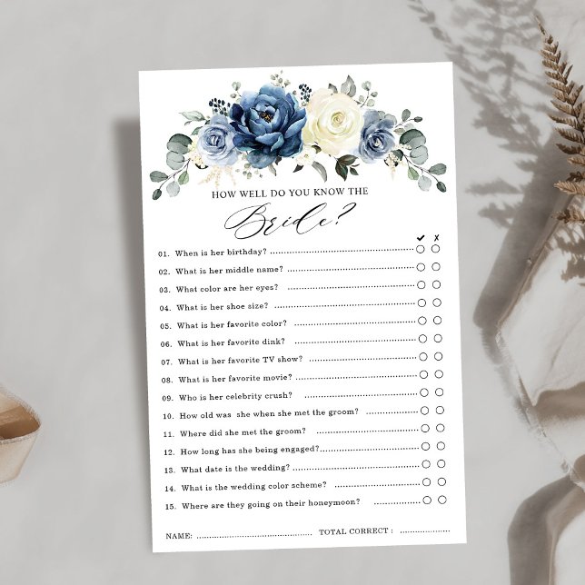 Dusty Blue Marinho Champagne Jogo do Chá de panela (Dusty Blue Navy Champagne Ivory Bridal Shower Game how well do you know the bride.)