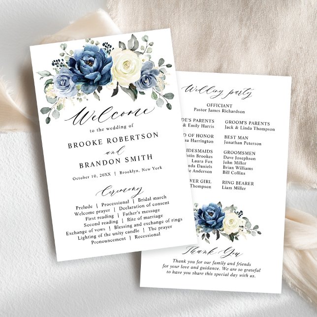 Dusty Blue Marinho Champagne Programa de Casamento (Dusty Blue Navy Champagne Ivory budget Wedding Program card)
