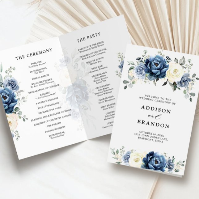 Dusty Blue Marinho Champagne Programa de Casamento (Dusty Blue Navy Champagne Ivory folded budget Wedding Program
)