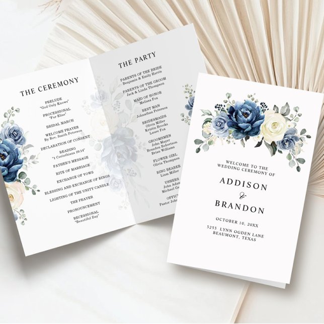 Dusty Blue Marinho Champagne Programa de Casamento (Dusty Blue Navy Champagne Ivory folded Wedding Program)