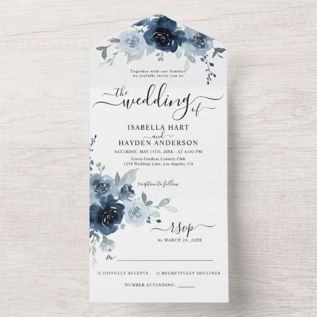 Dusty Blue Marinho Floral Boho Botânico RSVP (Interno)