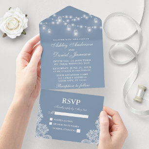 Dusty Blue Mason Jar String Luzes Lace Casamento