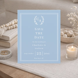 Dusty blue monogram wreath wedding Save the Date