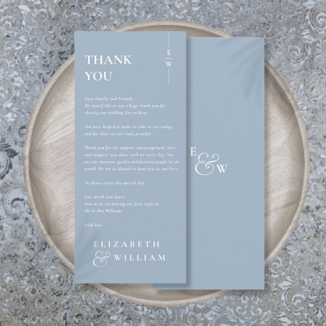 Dusty Blue Monograma Casado Obrigado Cartão de Col (Dusty Blue Monogram Wedding Thank You Place Card)