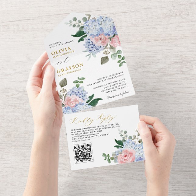 Dusty Blue Pastel Pink Hydrangeas Casadas Código Q (Tearaway)