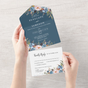 Dusty Blue Peach Blush Botanical Floral Casamento